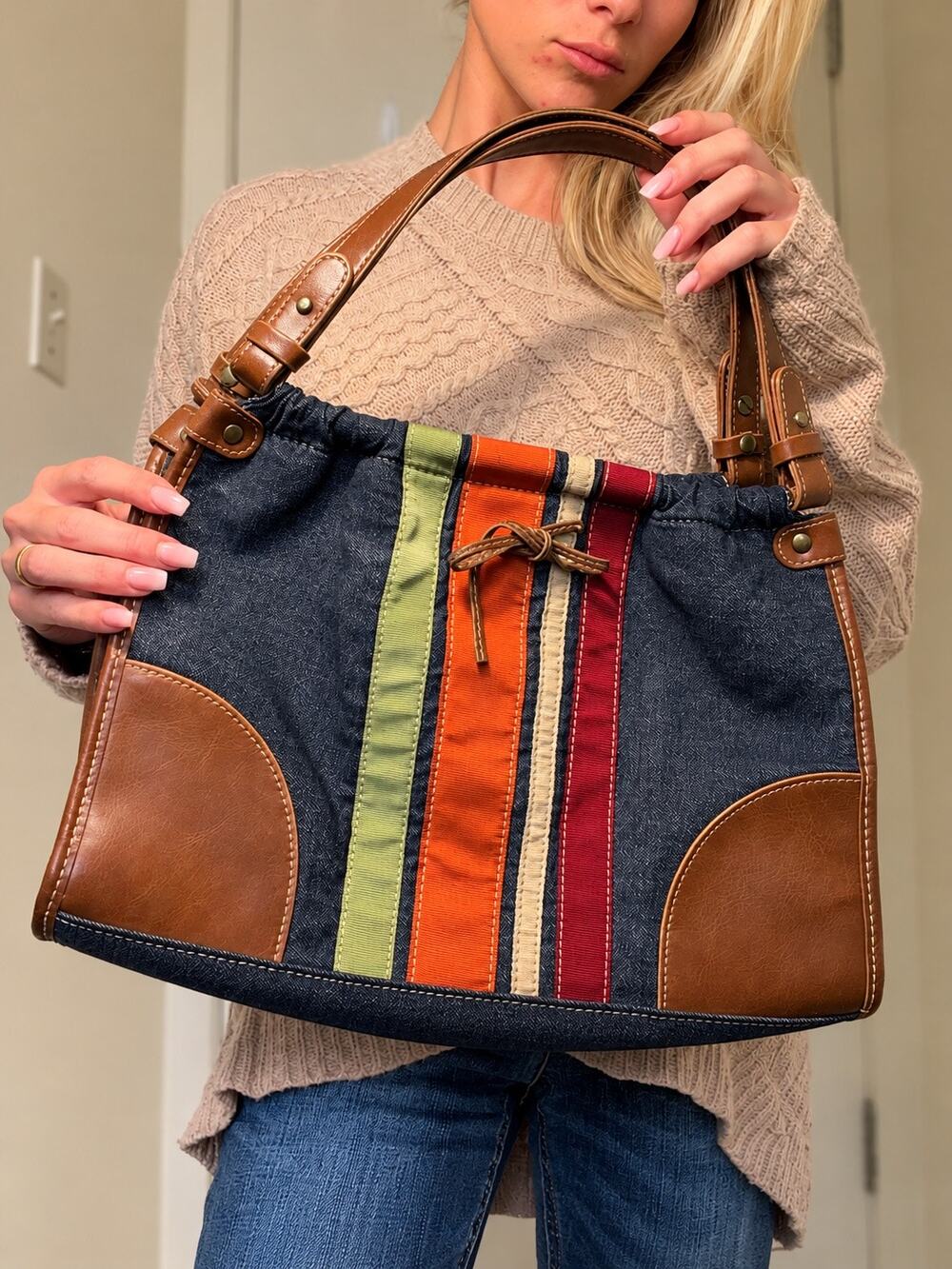 Denim Striped Shoulder Bag